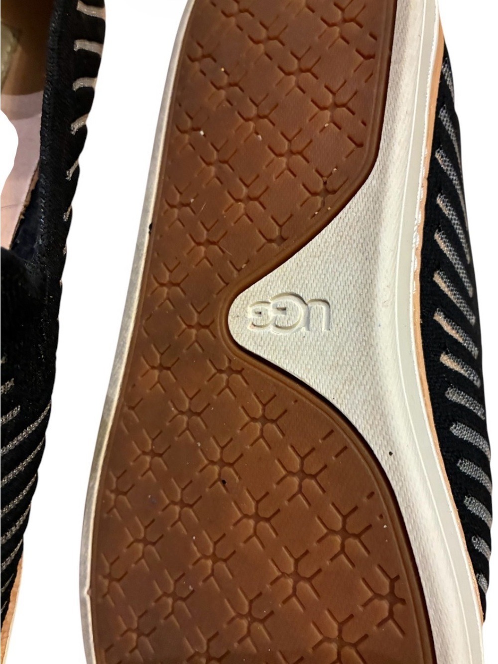 UGG Sz 8 Black Metallic Knit Striped Slip-On Sneakers Leather Trim Shoes Nice! - Picture 8 of 9